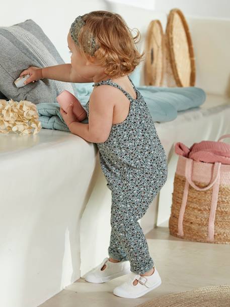 Mädchen Baby-Set: Overall & Haarband - graugrün/braun+petrol bedruckt+weiß geblümt - 1