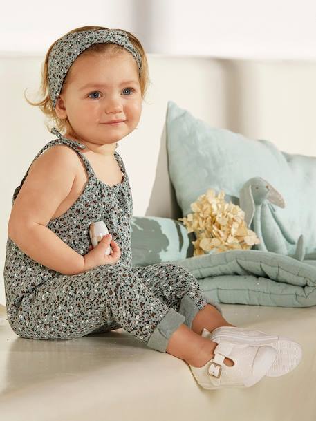 Mädchen Baby-Set: Overall & Haarband - graugrün/braun+petrol bedruckt+weiß geblümt - 3