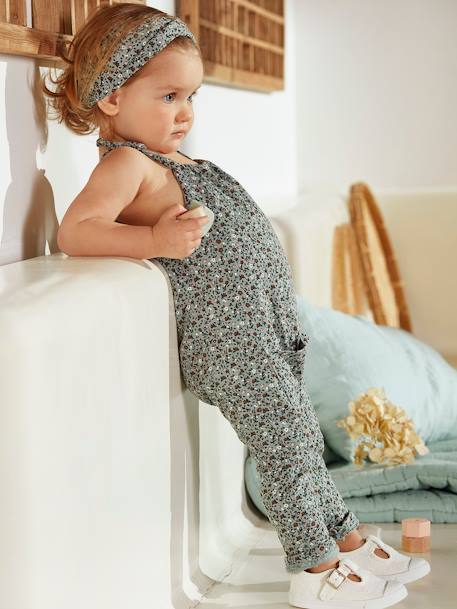 Mädchen Baby-Set: Overall & Haarband Oeko-Tex - graugrün/braun+nachtblau+weiß geblümt - 2