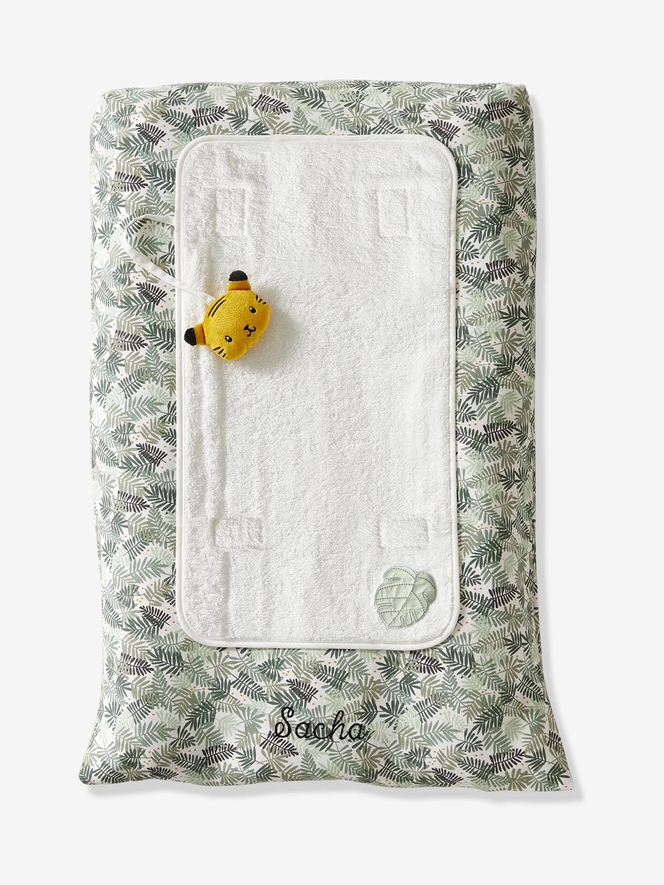 Bezug für Baby Wickelauflage PANDAFREUNDE, personalisierbar grün blätter/wollweiß von vertbaudet