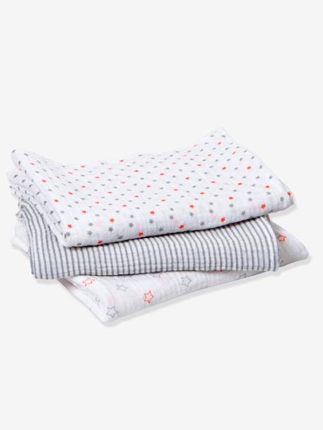 3er-Pack Wickeltücher für Babys, Mullwindeln - grau/streifen und sterne+mehrfarbig/grafisch+mehrfarbig/streifen und tupfen - 3