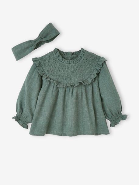 Mädchen Baby-Set: Bluse gesmokt & Haarband - grün+wollweiß - 3