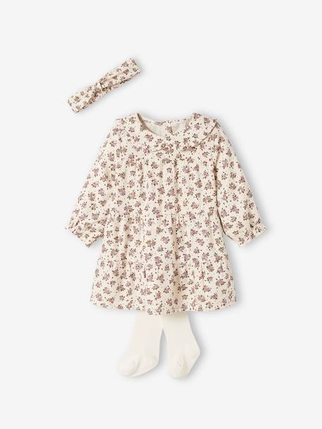 Mädchen Baby-Set: Kleid, Strumpfhose & Haarband - beige bedruckt - 2