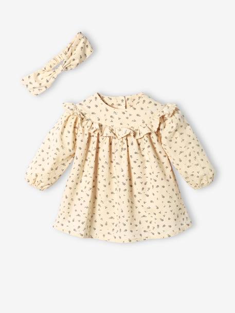 Baby-Set: Samtkleid mit Volant & Haarband - beige bedruckt+marine bedruckt - 1