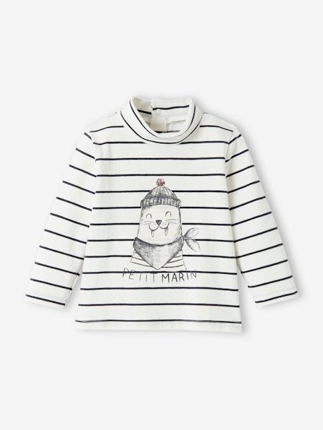 Baby Shirt mit Stehkragen & Print - grau meliert+weiß gestreift - 5