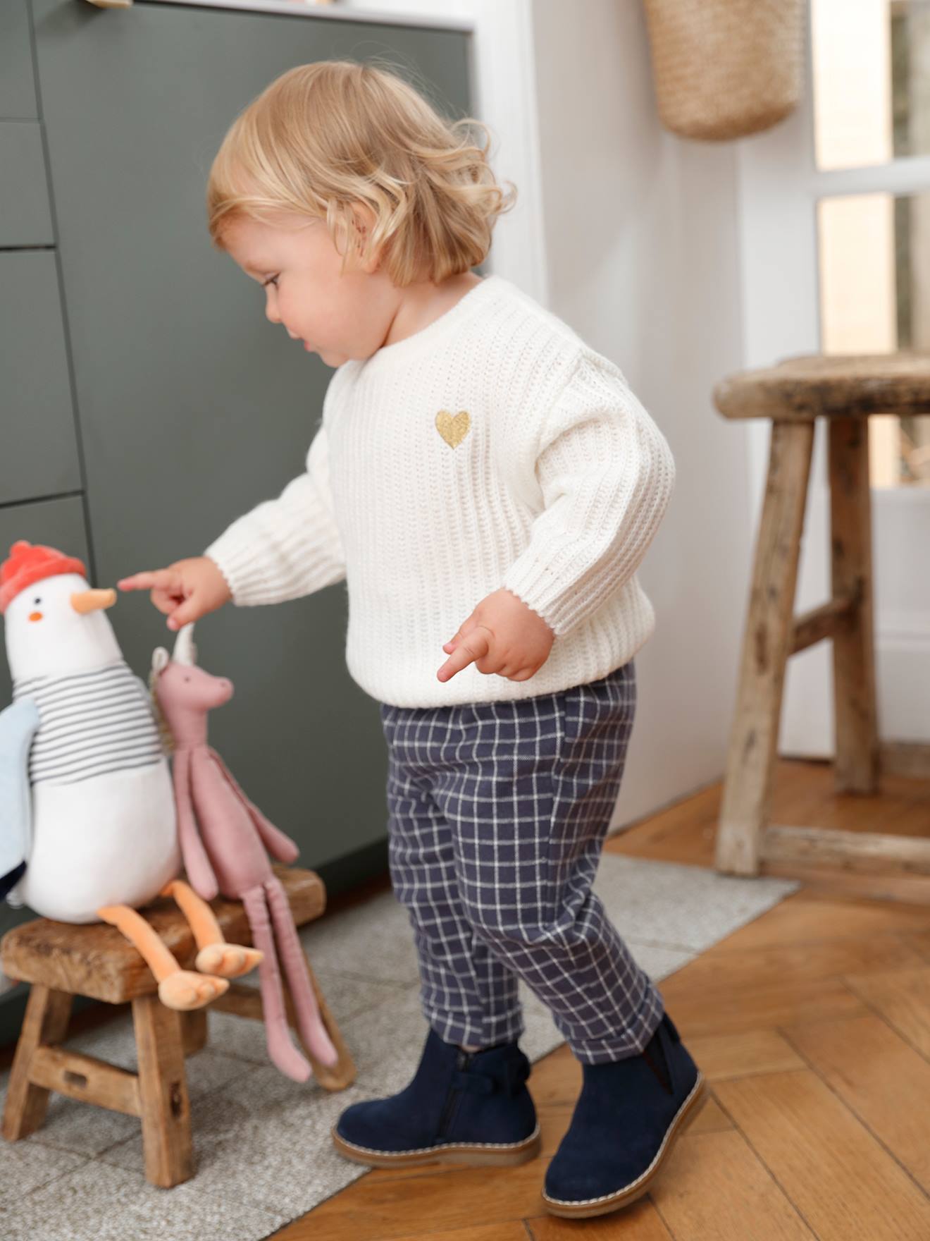 Vertbaudet Baby Pullover Mit Volantkragen – Mama-Tochter Capsule In Wollweiß/marine Gestreift | Größe 68 | Aus Weichem Viskose-Mix