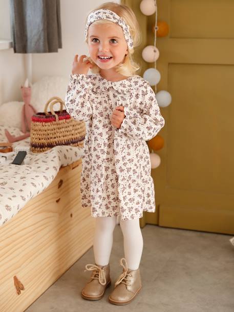 Mädchen Baby-Set: Kleid, Strumpfhose & Haarband - beige bedruckt - 1