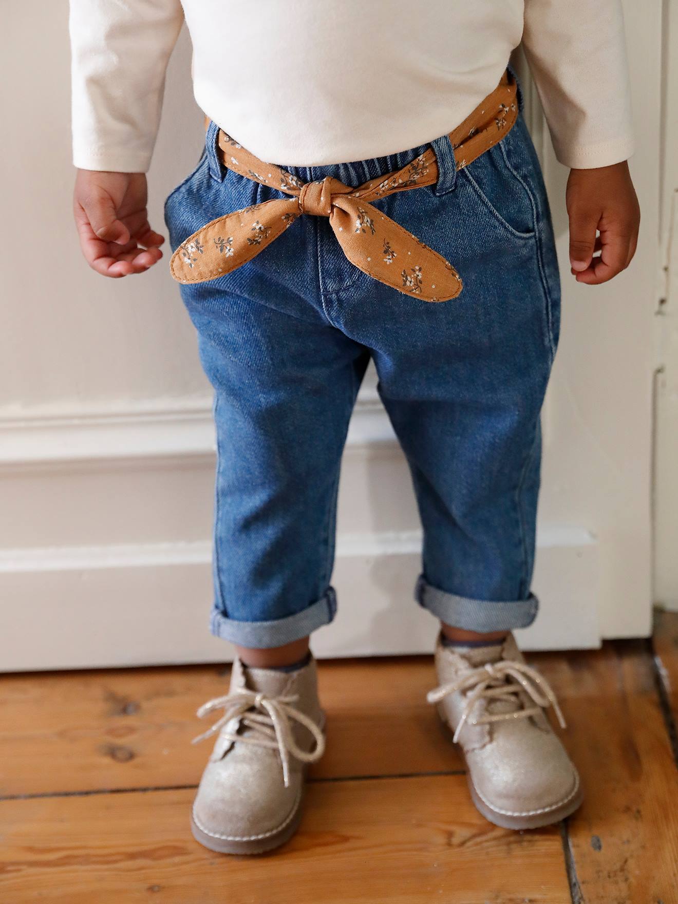 Vertbaudet Mädchen Jeans - Dunkelblaue Babyhose Mit Stoffgürtel Größe 92