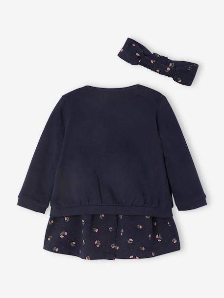 Mädchen Baby-Set: Kleid, Strickjacke & Haarband Oeko Tex - nachtblau bedruckt+senfgelb+wollweiß geblümt - 2