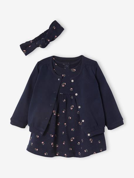 Mädchen Baby-Set: Kleid, Strickjacke & Haarband Oeko Tex - nachtblau bedruckt+senfgelb+wollweiß geblümt - 5