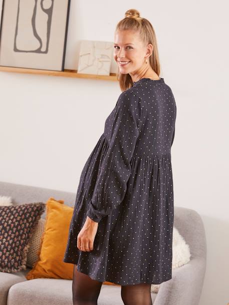 Bedrucktes Kleid für Schwangerschaft & Stillzeit, Musselin - grau+schwarz punkte - 14
