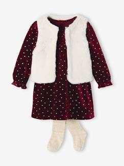 Babymode-Mädchen Baby-Set: Samtkleid, Webpelz-Weste & Strumpfhose