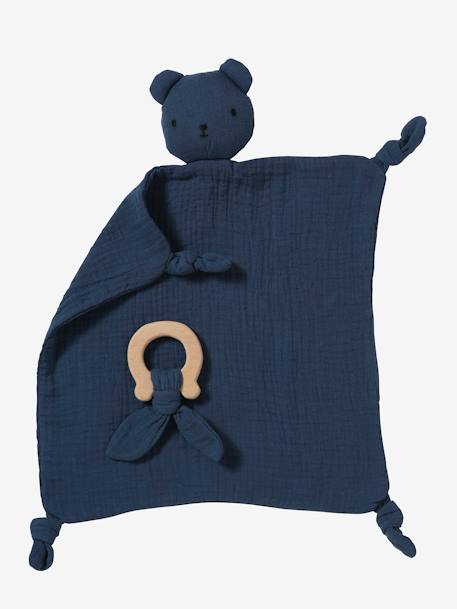 Baby Geschenk-Set: Schmusetuch & Greifling im Geschenkbeutel - blau+grün+rosa+senfgelb - 1