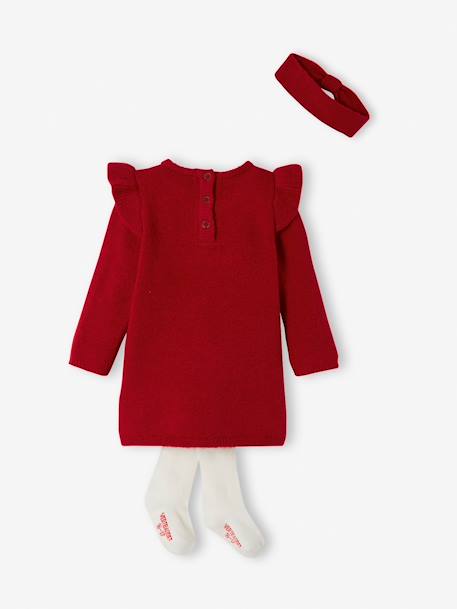 Mädchen Baby-Set: Strickkleid, Haarband & Strumpfhose - rot - 5