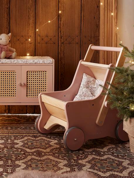 2-in-1 Puppen-Kinderwagen, Lauflernwagen aus Holz FSC® - rosa+weiß/natur - 1