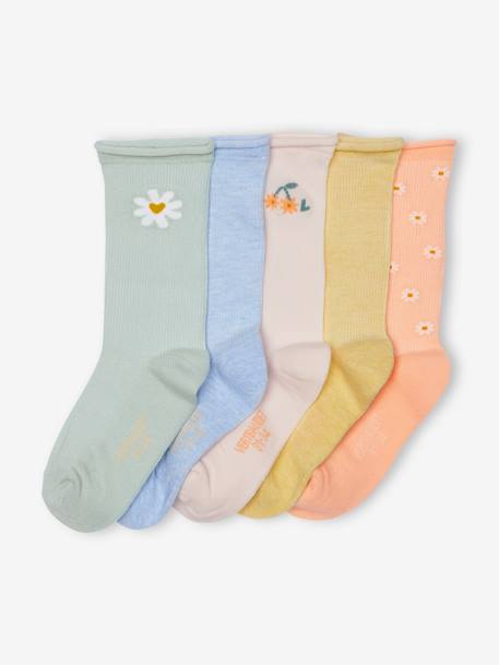 5er-Pack Mädchen Socken mit Blumen, Ripp - pfirsich - 1
