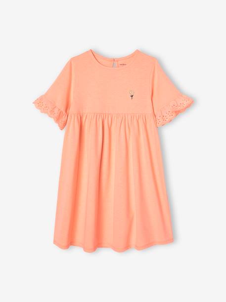 Mädchen Kleid mit Lochstickereien - graublau+pfirsich - 4