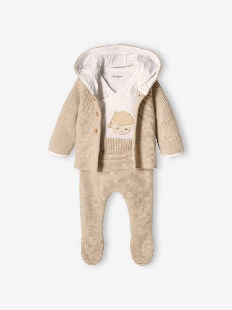 Neugeborenen-Set: Strickjacke, Hose & Body - aqua+beige meliert+zartrosa - 12