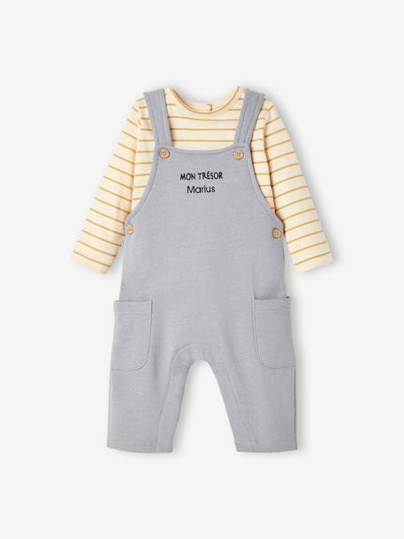 Baby-Set: Shirt & Latzhose, personalisierbar - dunkelgrau meliert+graublau+karamell - 11