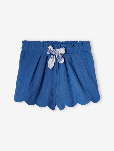 Mädchen Shorts mit Bogenkante, Musselin - blau+koralle - 1