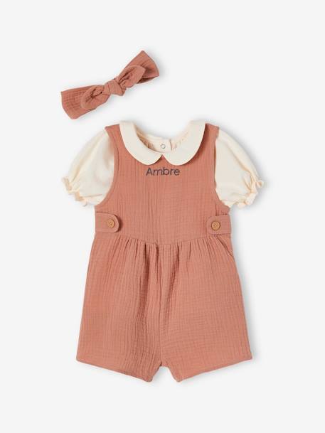 Mädchen Baby-Set: T-Shirt, Kurzoverall & Haarband, personalisierbar altrosa+salbeigrün 1