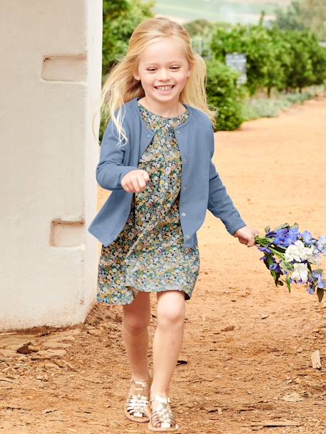 Mädchen-Set: Kleid + Cardigan - blau+marine bedruckt+graublau+pfirsich+wollweiß bedruckt - 10