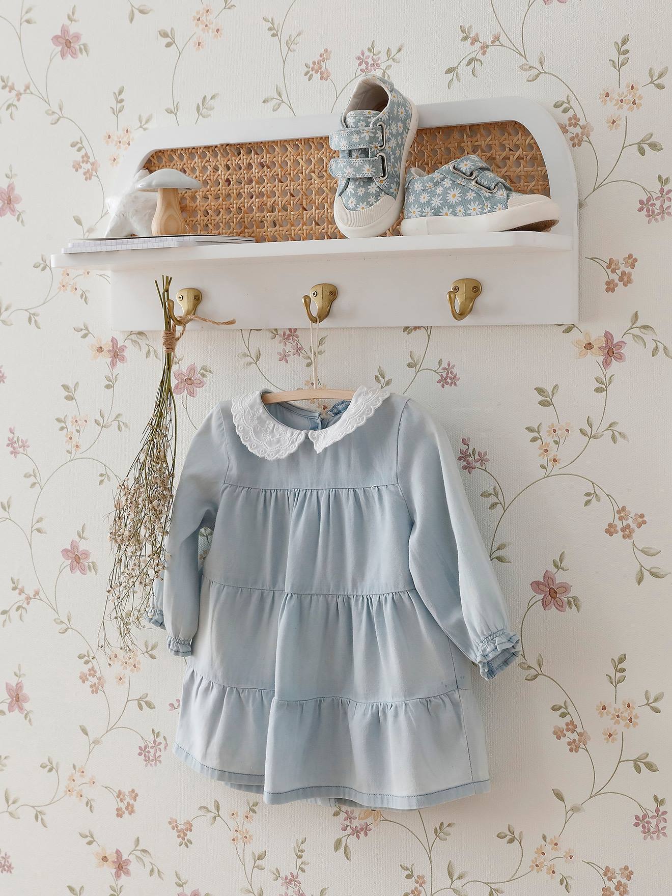 Vertbaudet Wandgarderobe Mit Rattan Poesie Mit Ablage Und 3 Kleiderhaken Weiß/Braun Einheitsgröße