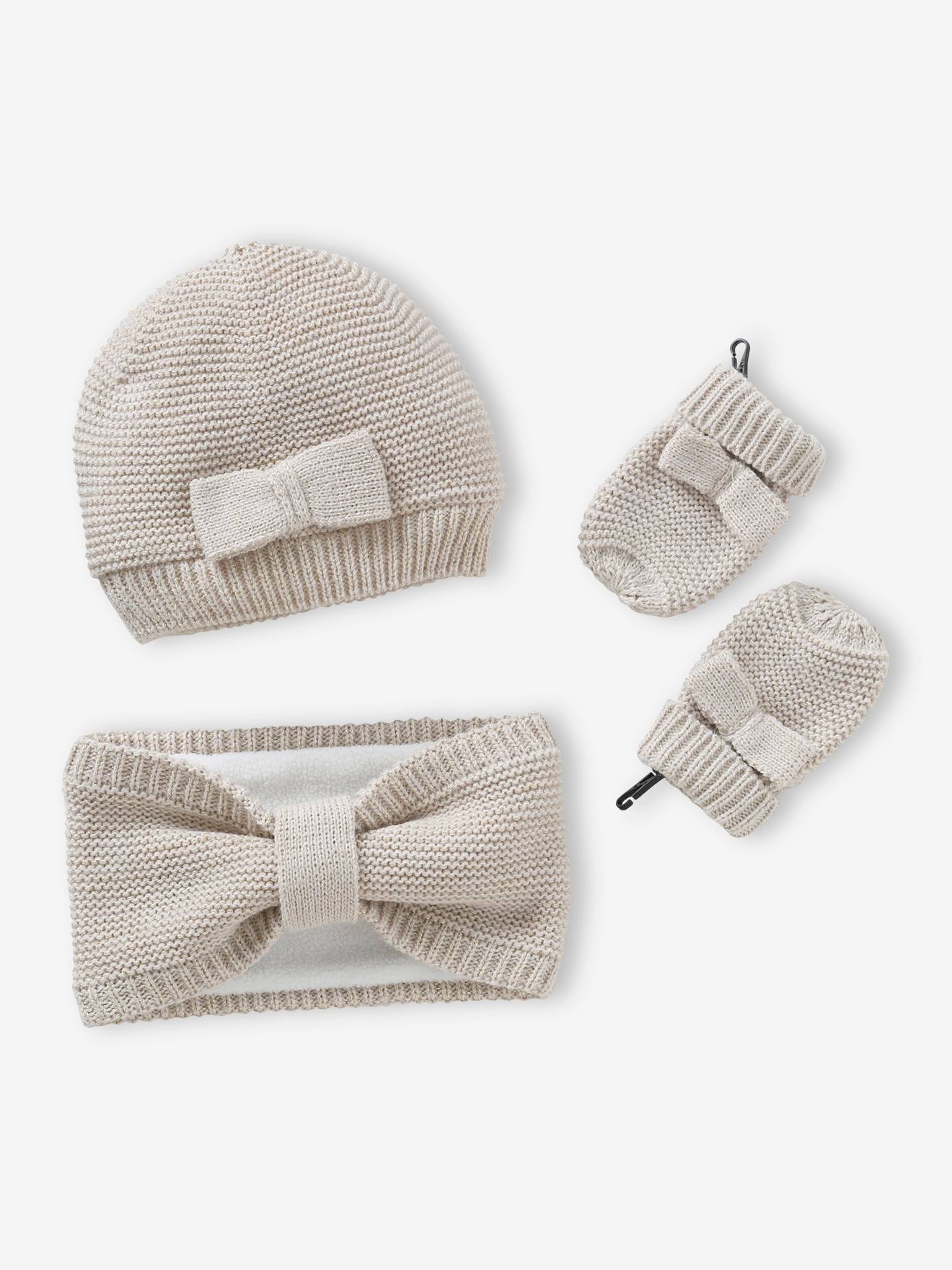 Mädchen Baby-Set: Mütze, Rundschal & Fäustlinge beige/schleifen Gr. 74/80 von vertbaudet