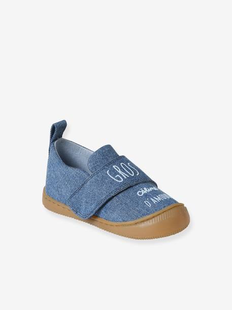 Baby Stoff-Hausschuhe mit Klettverschluss blau bedruckt+jeansblau 6