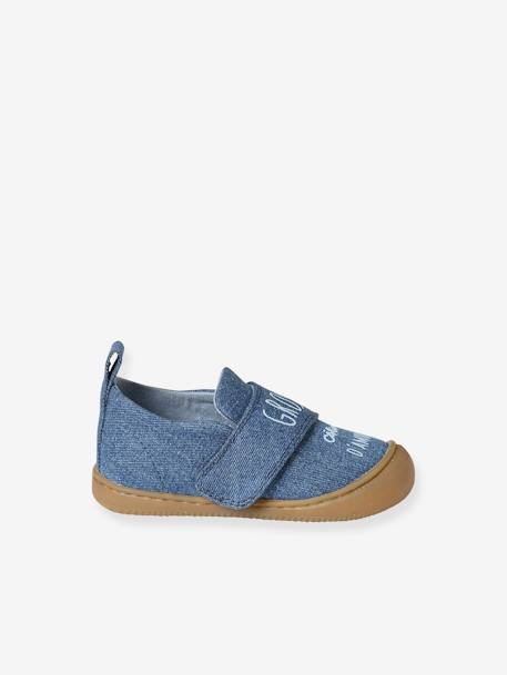 Baby Stoff-Hausschuhe mit Klettverschluss blau bedruckt+jeansblau 8