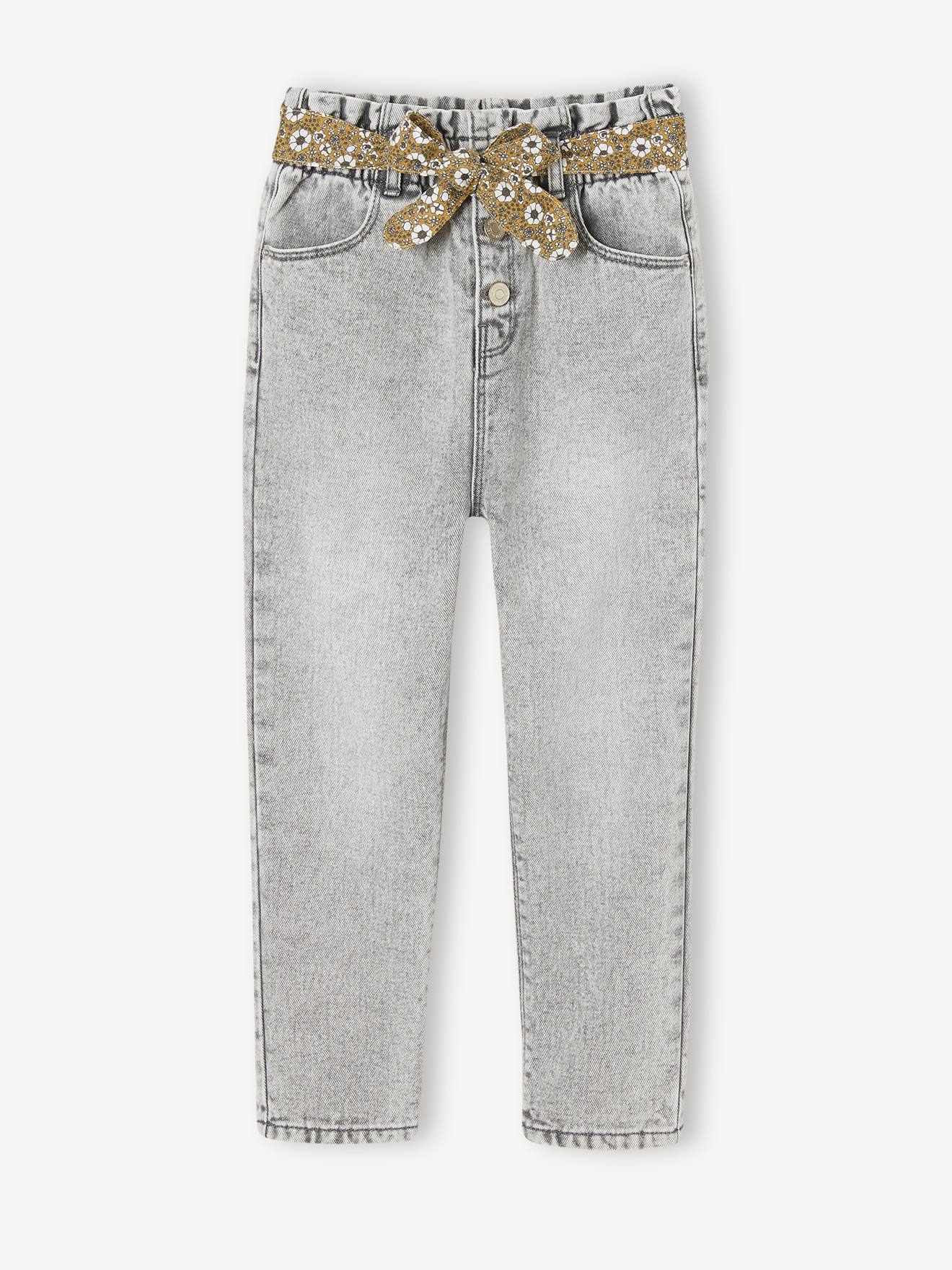 Vertbaudet Mädchen Paperbag-Jeans Mit Blumen-Gürtel Grauer Denim 146/152