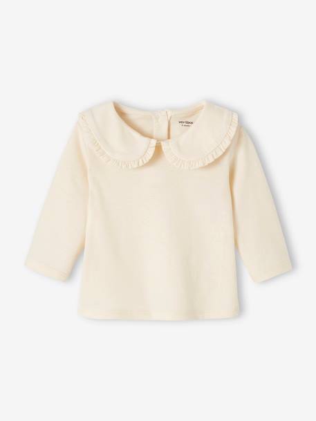 Mädchen Baby Shirt, Bubikragen mit Rüschen, personalisierbar hellbeige+smaragdgrün 2