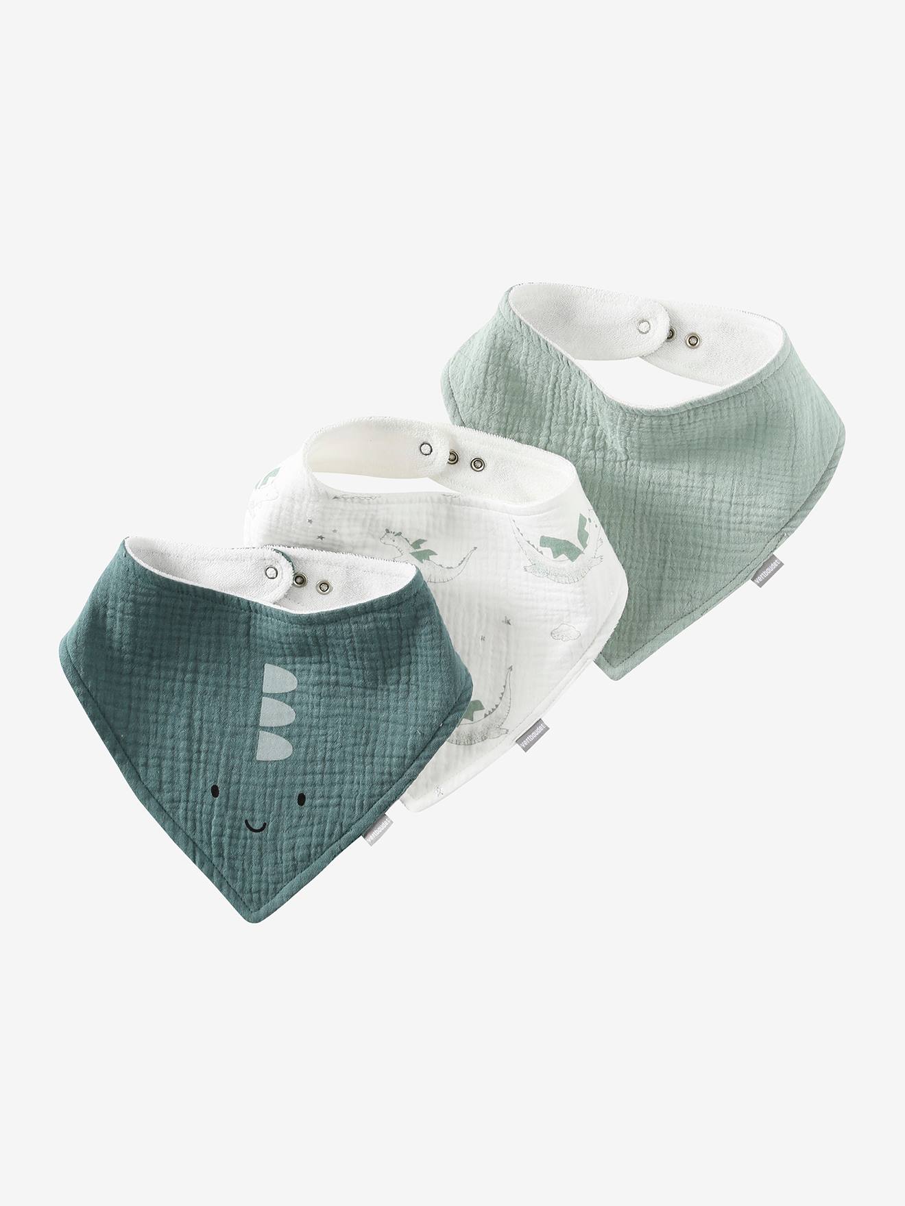 Vertbaudet 3Er-Pack Baby Lätzchen Salbeigrün/Drache Einheitsgröße