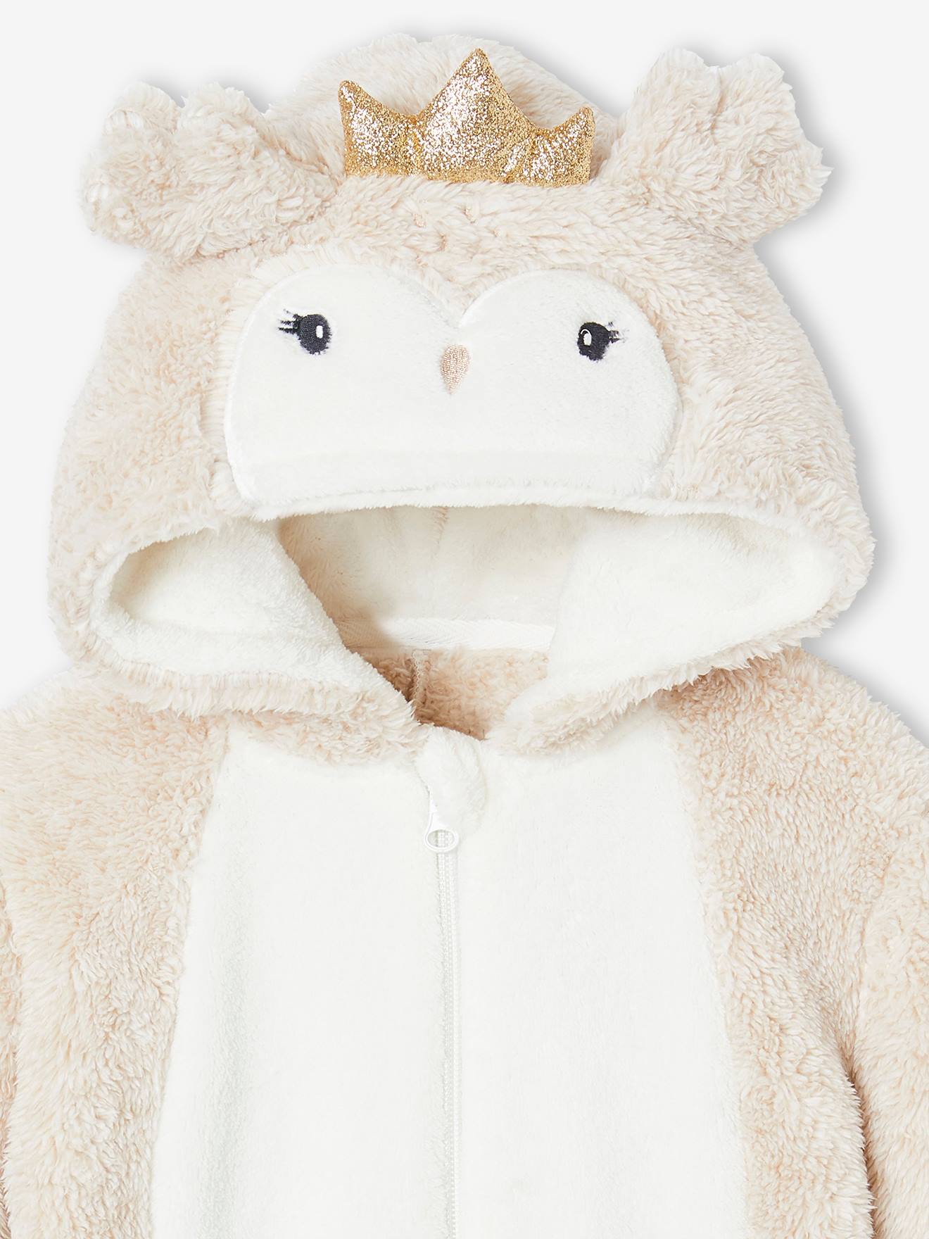 Onesie Plüschoverall Eule mit Krone Kinder beige Gr. 98/104 von vertbaudet
