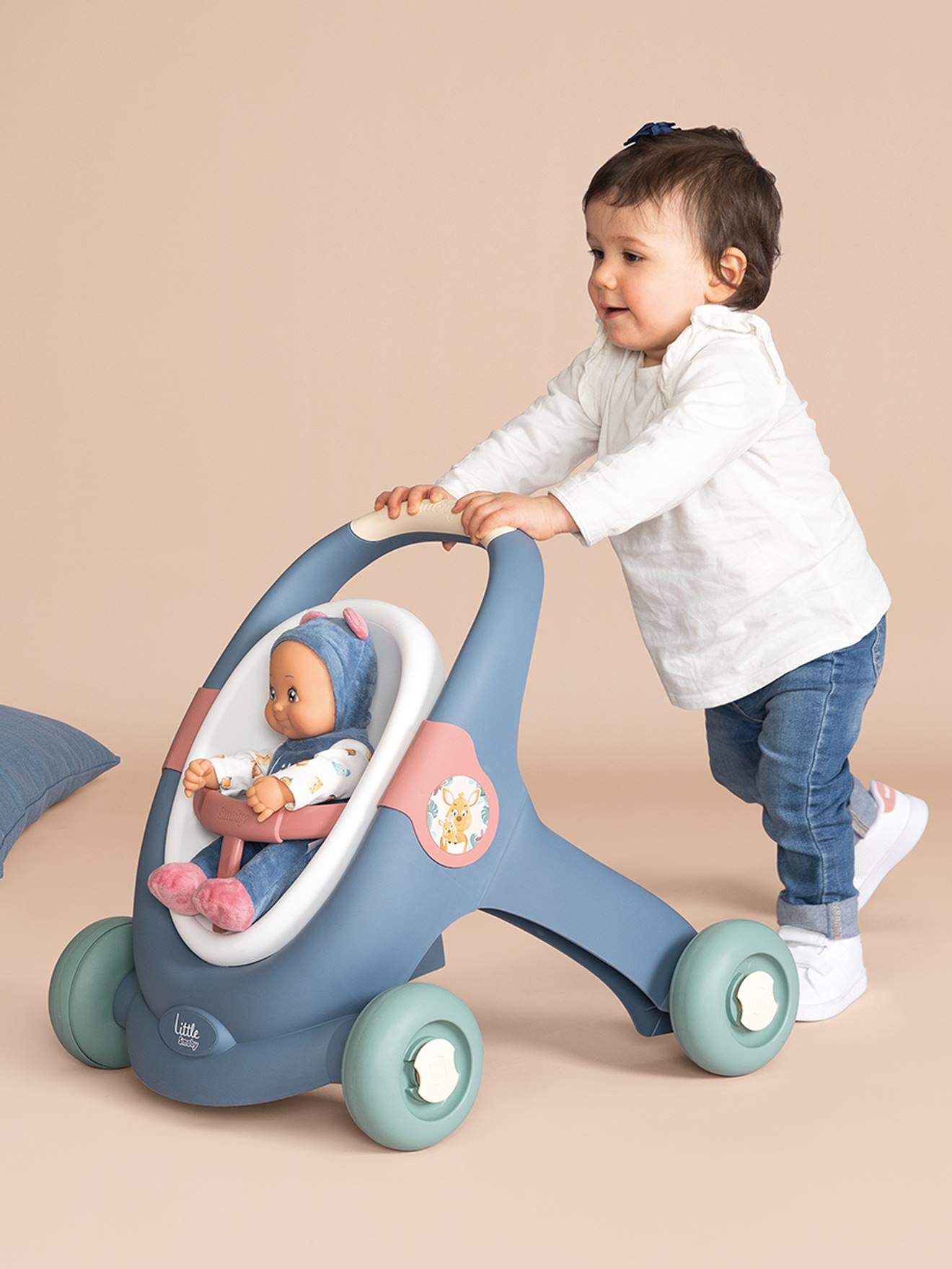 3-in-1 Baby Lauflernhilfe/Puppenkinderwagen mit Puppe SMOBY