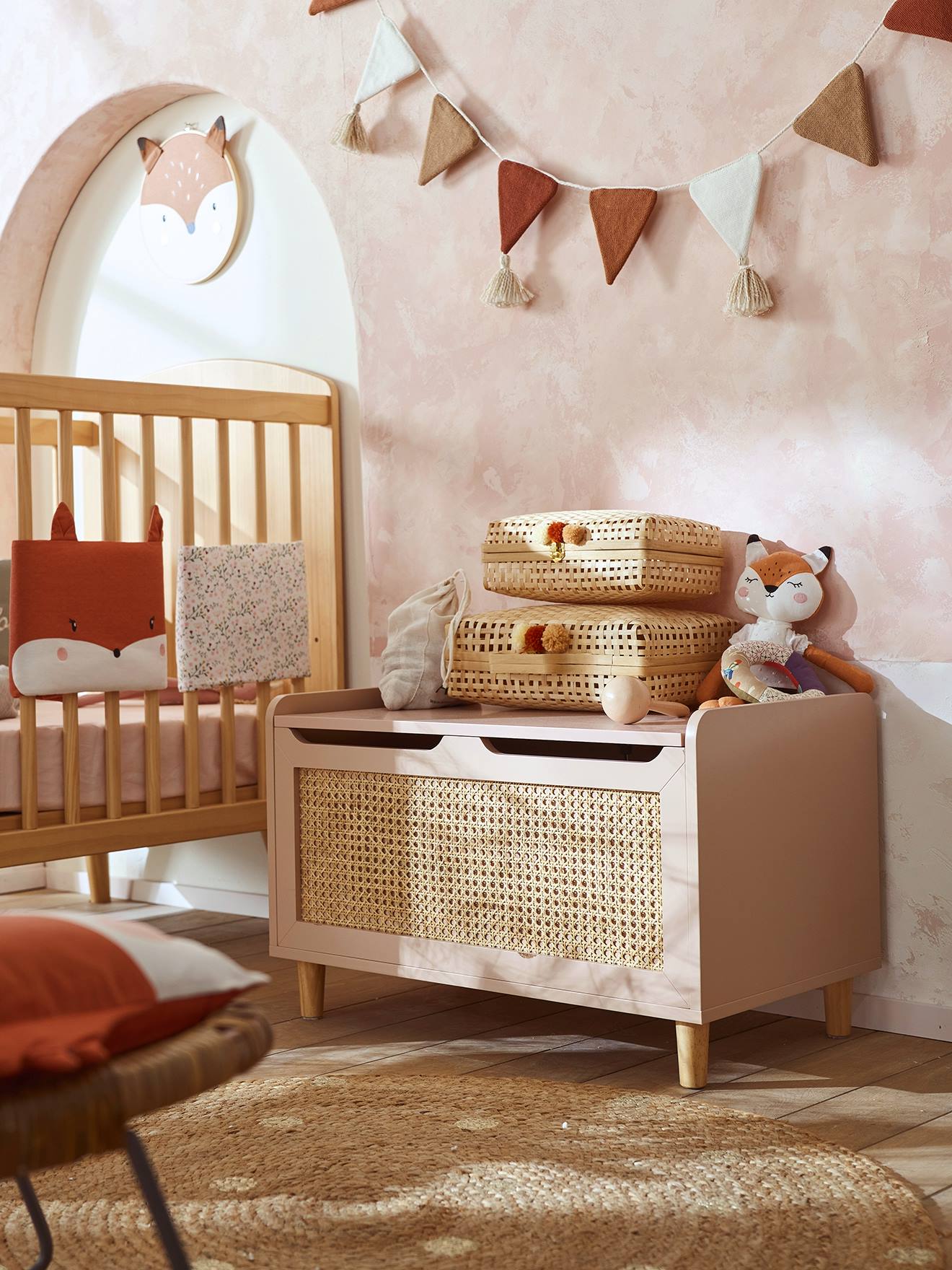 Vertbaudet Kinderzimmer Spielzeugtruhe Mit Rattan Poesie Rosa/Braun Einheitsgröße