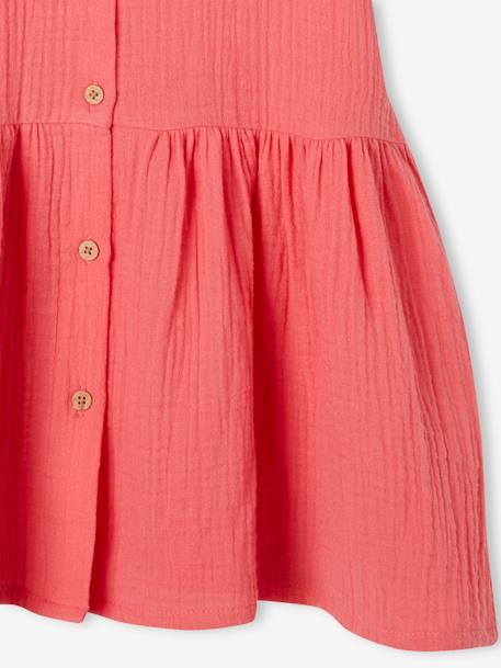 Mädchen Kleid mit Knopfleiste - graublau+rot+wollweiß - 10