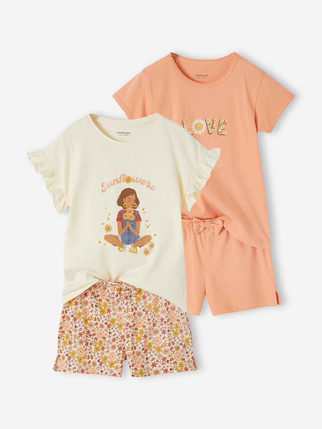 2er-Pack kurze Mädchen Schlafanzüge mit Glitzer-Print wollweiß/sunflowers/aprikose/l Gr. 98/104 von vertbaudet