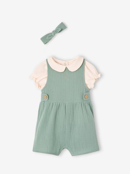 Mädchen Baby-Set: T-Shirt, Kurzoverall & Haarband, personalisierbar altrosa+salbeigrün 22