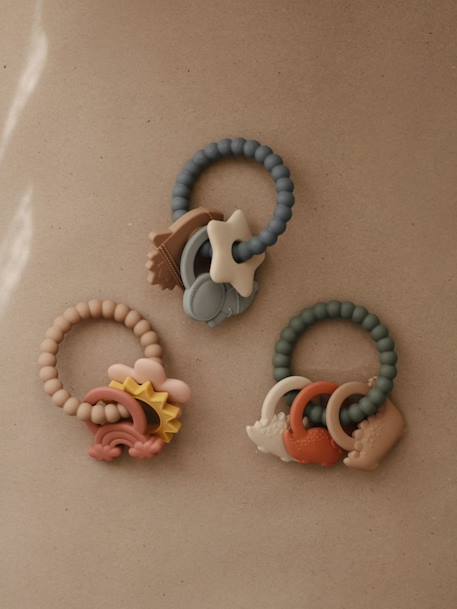 Beißring Zahnungshilfe MUSHIE, Silikon rosa/sonne+blume+regenbogen+salbeigrün/dinos 7