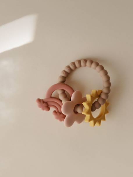 Beißring Zahnungshilfe MUSHIE, Silikon rosa/sonne+blume+regenbogen+salbeigrün/dinos 2