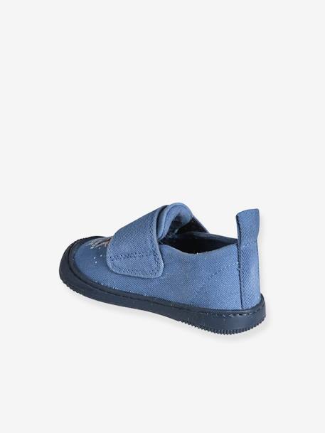 Baby Stoff-Hausschuhe mit Klettverschluss blau bedruckt+jeansblau 4