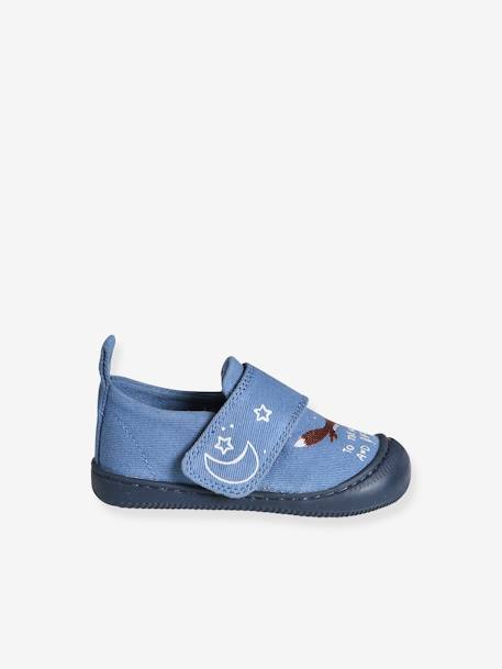 Baby Stoff-Hausschuhe mit Klettverschluss blau bedruckt+jeansblau 3