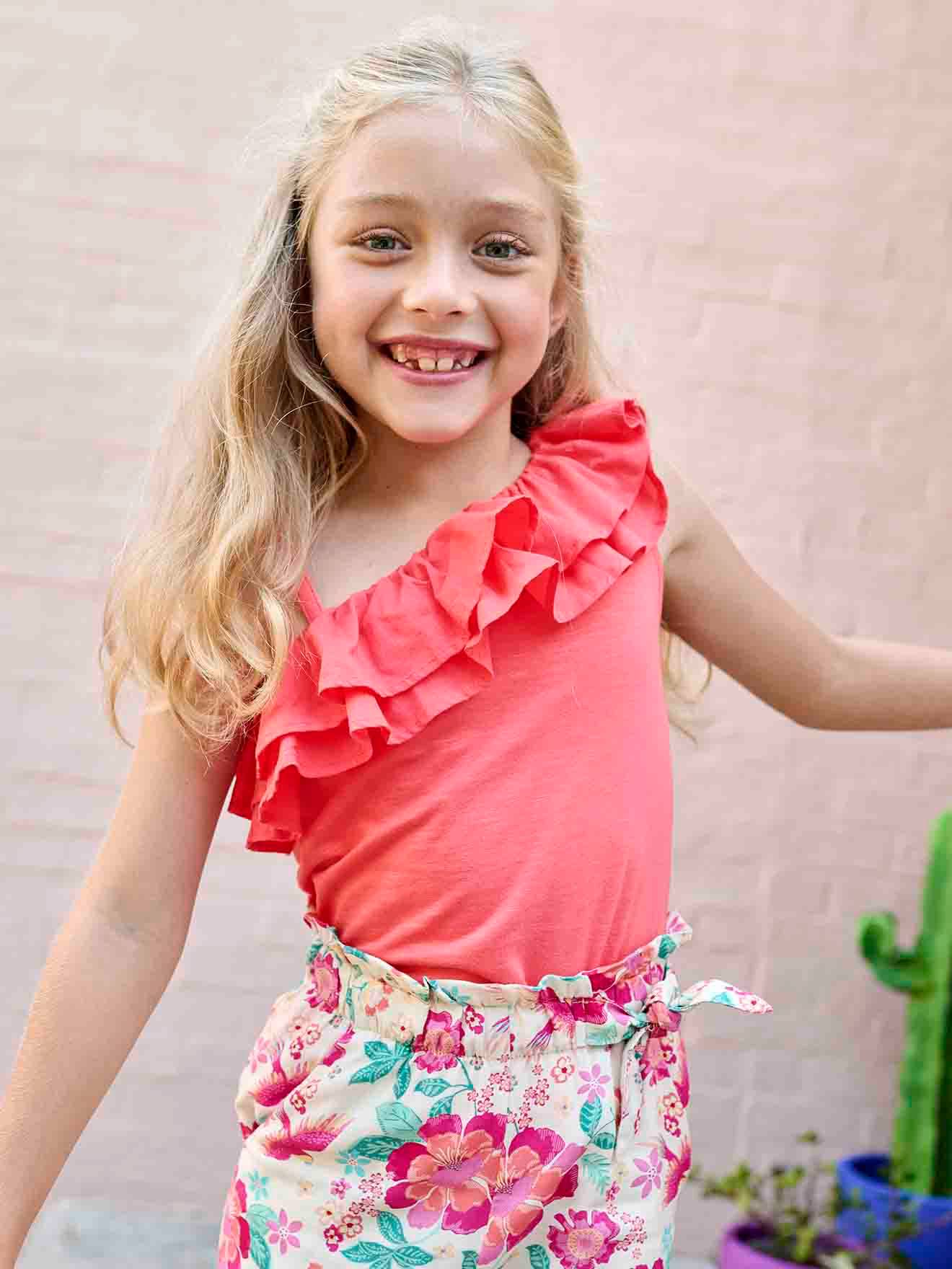 Vertbaudet Asymmetrisches Mädchen Volant-Top Koralle 98/104