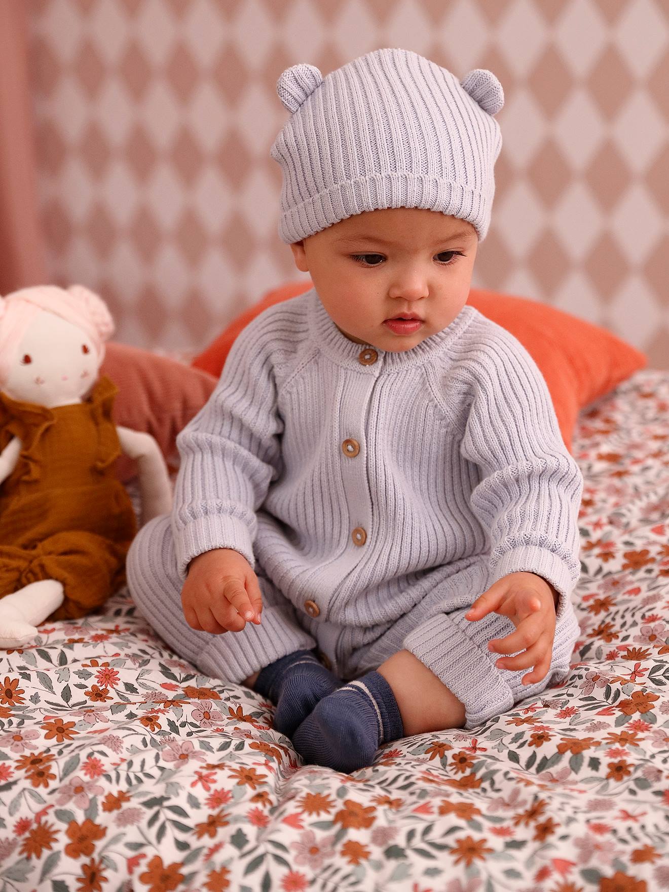 Baby-Set: gerippter Strickoverall & Mütze mit Ohren hellblau Gr. 50 von vertbaudet