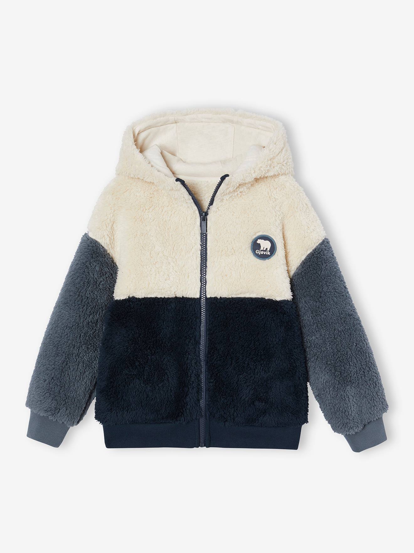 vertbaudet Jungen Teddyfleecejacke mit Kapuze in schieferblau
