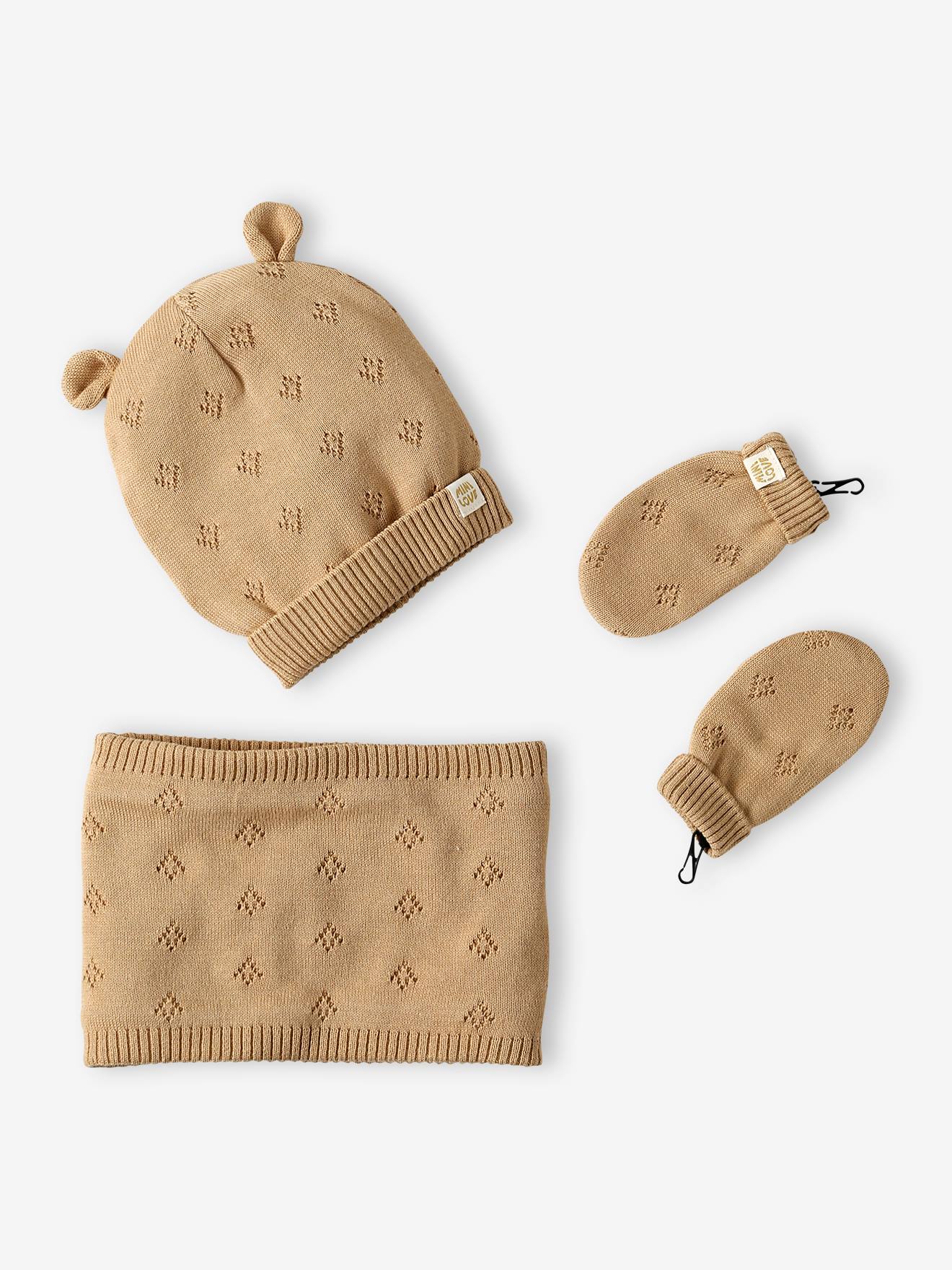 Vertbaudet Madchen Baby Set Mutze mit Ohren Rundschal Handschuhe mit Lochmuster in beige meliert