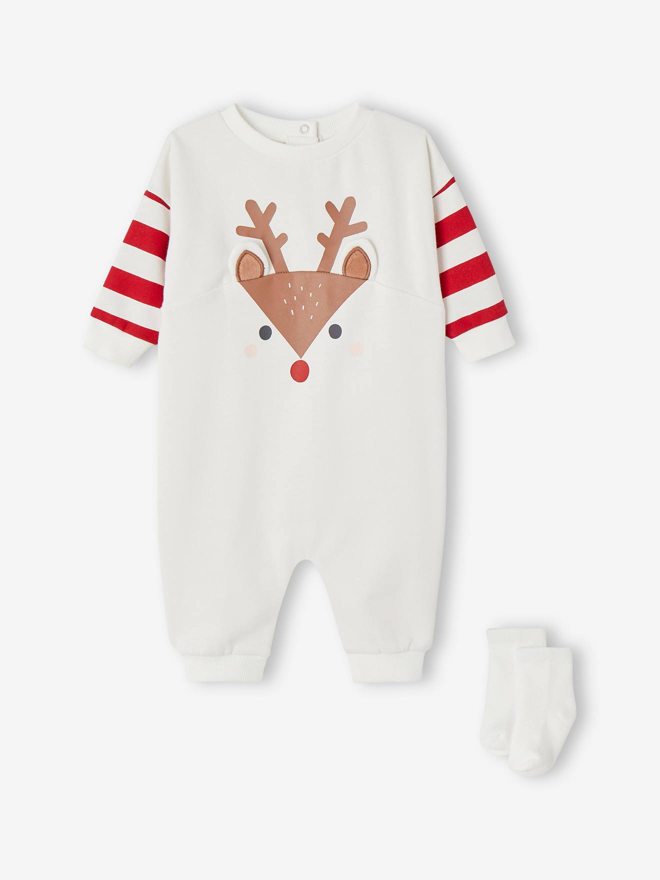 Baby Weihnachts-Geschenkset: Rentier-Strampler & Socken wollweiß Gr. 68 von vertbaudet