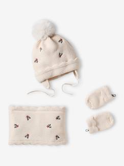 Babymode-Mädchen Baby-Set: Mütze, Rundschal & Fäustlinge mit Blumen