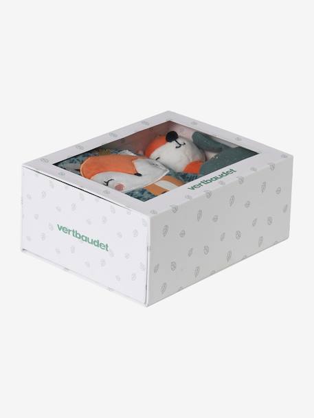 Baby Geschenk-Set: Schmusetuch, Rassel & Stoffbuch, personalisierbar gelb+orange/grün/märchenwald+orange/tansania 7